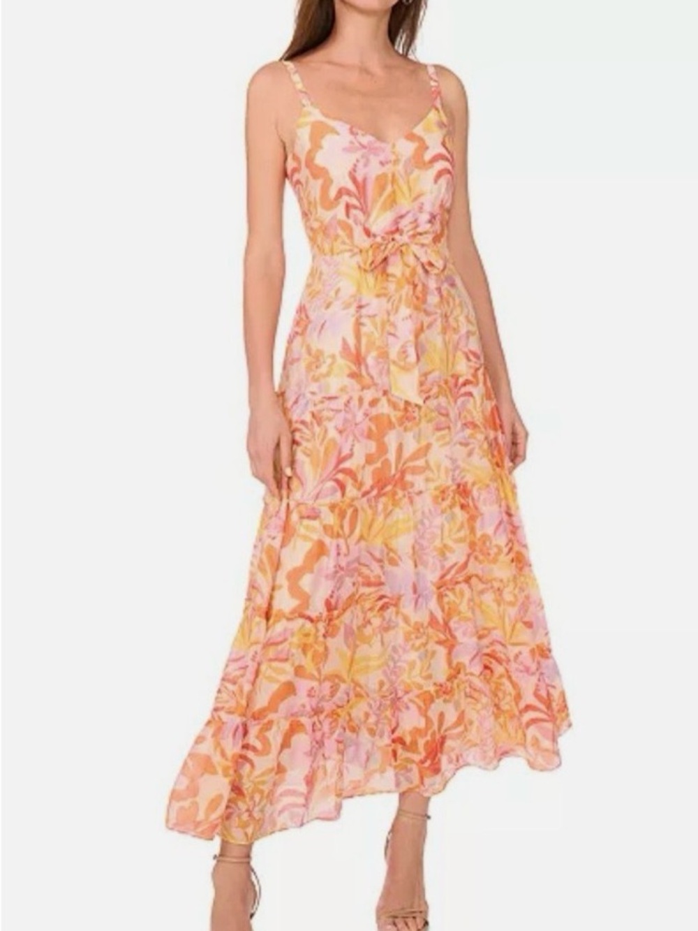 MSK Women's Printed-Chiffon Tie-Waist Tiered Maxi Dress